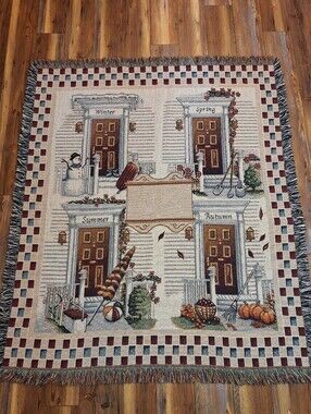 Vtg Four Seasons Woven Tapestry Throw Blanket With Fringe 50x60 Country Cottage